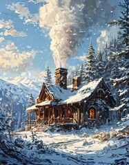 A picturesque wooden cabin nestled in a snowy forest with smoke rising from the chimney. The surrounding evergreen trees and soft snow create a peaceful and serene winter scene, evoking warmth and