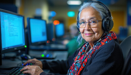 Fototapeta premium A Senior woman with glasses and headset, engaged in computer work, smiling warmly in friendly environment
