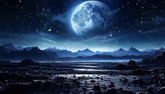 A surreal, otherworldly scene of a barren landscape illuminated by a glowing full moon. The rocky terrain under the starry sky creates a mysterious and tranquil atmosphere, evoking thoughts of space