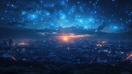 Fototapeta premium A stunning cityscape at sunset, illuminated by a starry sky and digital connections.