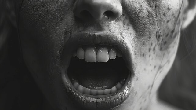 A close-up, high-contrast illustration of a person screaming, with their face contorted in emotion, eyes wide open, and mouth agape