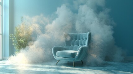 Abstract modern interior with a glowing blue mist and a single chair