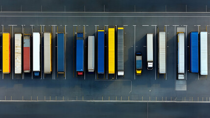 Aerial View of Colorful Cargo Trucks Parked in a Lot