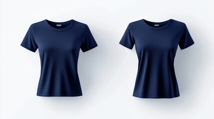 Symmetrical front and back navy blue T-shirt mockup on white, minimalist design with focus on fabric detail and clean edges, T-shirt mockup, simple fashion product display