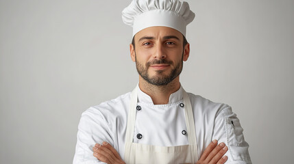 Portrait of a professional male chef in white uniform and hat, standing confidently with arms crossed against a neutral background.