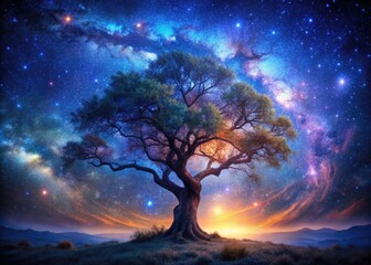 Celestial landscape photography captures a mystical starry night tree in an enchanted forest.