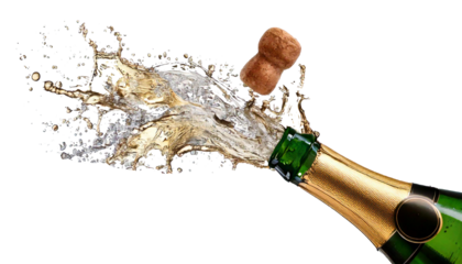 Champagne bottle with cork splash, isolated on transparent background, cutout