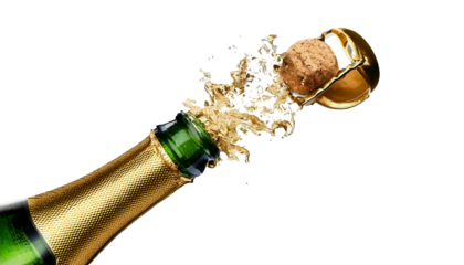 Sparkling wine splash and cork splash, isolated on transparent background, cutout