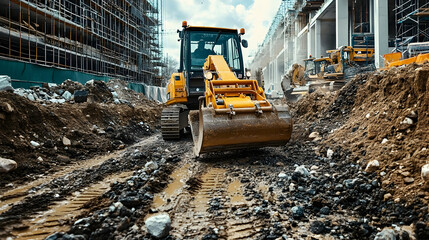 Fototapeta premium Yellow Excavator Moves Earth at Construction Site, Amidst Buildings Under Construction and Cloudy Sky