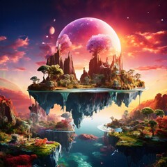 Obraz premium A mesmerizing fantasy landscape featuring a floating island adorned with lush greenery, colorful trees, and mystical elements. The vibrant sky, with its glowing planet and surreal colors, enhances the