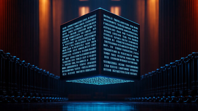 Illuminated cube with cryptic text, set in a futuristic environment with glowing elements.