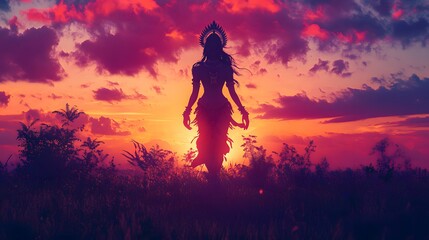Silhouetted Woman Walking Towards Sunset In Field