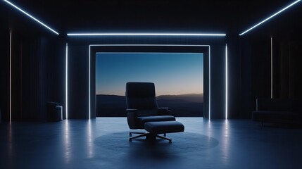 A sleek black lounge chair in a modern, minimalistic room illuminated by soft blue lighting, with a large window offering a serene view of the horizon, evoking luxury, calmness, and sophistication