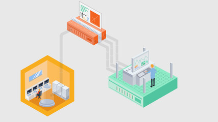 Industrial Automation and Data Monitoring Isometric Illustration with Control Rooms