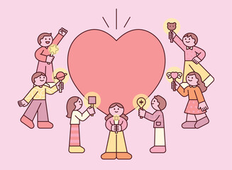 The advanced candlelight protests in Korea. People are holding bright light sticks, demonstrating peacefully and in an orderly manner. Cuttiny character with outline.