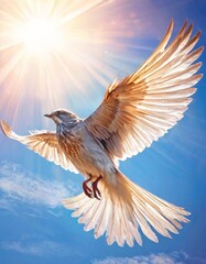 Obraz premium A beautiful white bird with wings spread wide soars gracefully under the radiant sunlight in a clear blue sky. Its feathers glisten as the sunlight shines through, embodying the spirit of freedom.. AI