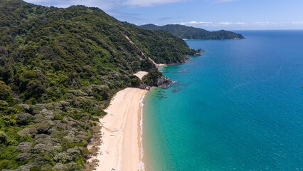 drone shot of a beach with trees, rocks and beautiful water