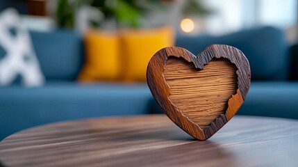 A beautifully carved wooden heart ornament sits atop a round table, radiating warmth in a cozy living space.