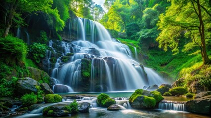Obraz premium Serene waterfall cascades through lush green forest, its waters flowing over river rocks.