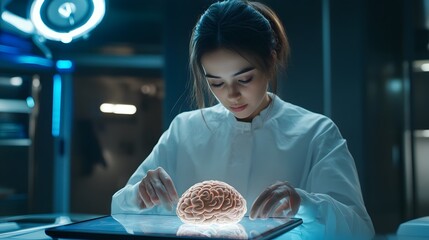 Female surgeon with gloves and face mask using digital tablet to examine detailed 3D brain scan in advanced surgical room with high-tech lighting