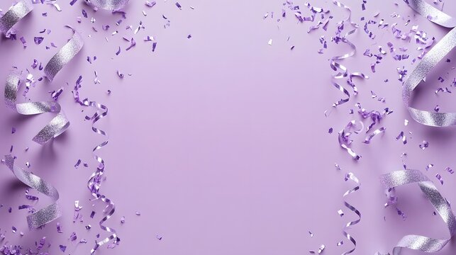 Purple and silver festive ribbon design with confetti on light purple background, blank space for celebration-themed message or content