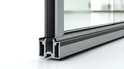 Close-up of modern glass partition wall system detail, showing aluminum frame and seals.