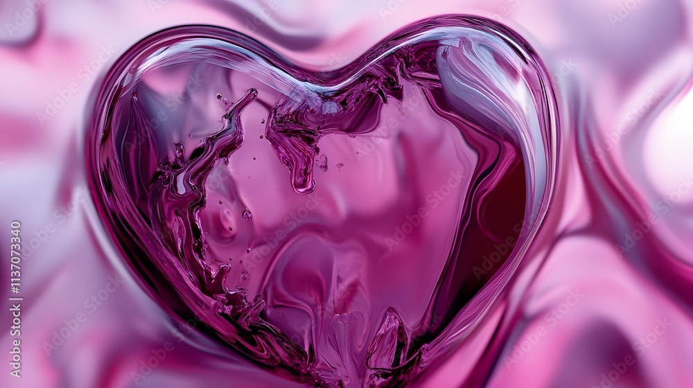 Sticker shiny pink liquid heart with a smooth texture and reflective surface on a soft abstract pink backgro