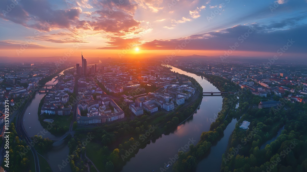 Wall mural aerial panoramic view of frankfurt at sunset with vibrant clouds and illuminated city skyline along 