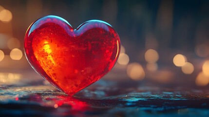 Fototapeta premium Red glass heart illuminated with glowing golden light and soft bokeh background, symbolizing romantic love, Valentine's Day, and warm emotions