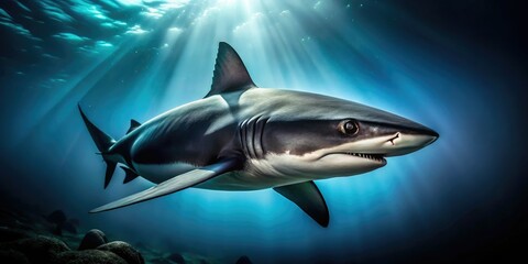 Fototapeta premium Sleek black shark emblem: oceanic predator, dynamic marine design, powerful vigilance.