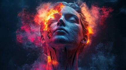 artwork merges athletic form and skeletal structure of statue reflecting emotional complexity of life and death through bold colors and dynamic brushstrokes.