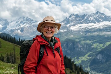 Elderly woman tourist delighted by stunning mountain scenery in the swiss alps