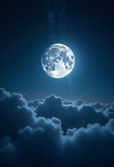 Obraz premium A luminous moon hangs in a dark sky, surrounded by soft clouds that create a dreamy ambiance. The scene invites quiet moments of reflection and wonder under the stars. Generative AI