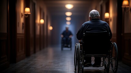 Obraz premium An elderly man in a wheelchair gazes down a dimly lit corridor, enhancing a sense of introspection and solitude.