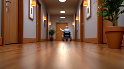 A serene corridor with warm lighting, featuring a lone figure in a wheelchair, evoking feelings of solitude and reflection.