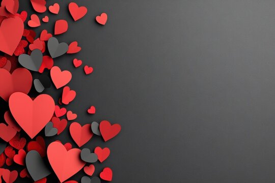 A captivating arrangement of red and black hearts scattered on a dark background symbolizes deep love and romance, perfect for Valentines Day celebrations and the essence of togetherness