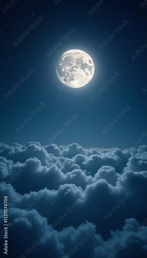 Poster A luminous moon hangs in a dark sky, surrounded by soft clouds that create a dreamy ambiance. The scene invites quiet moments of reflection and wonder under the stars. Generative AI