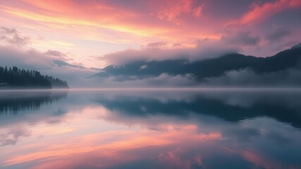 Fototapeta premium A peaceful lake reflecting the colorful sky in a dreamy hazy background, colorful, dreamy, water