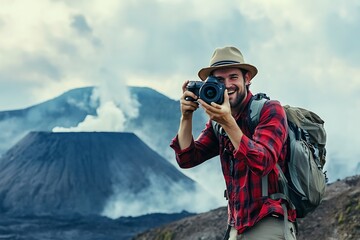 Fototapeta premium Tourist with backpack and camera capturing images of mount bromo volcano in indonesia