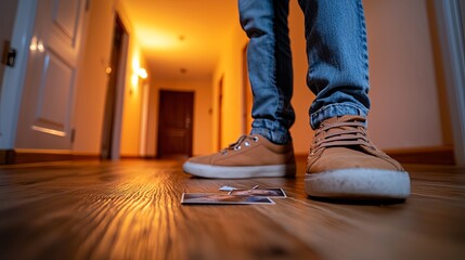 A person stands in a dimly lit hallway, their brown sneakers positioned over scattered photos on a wooden floor.