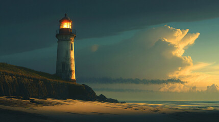 A towering lighthouse at dusk, casting a long, warm shadow over the quiet beach as the sun dips below the horizon.