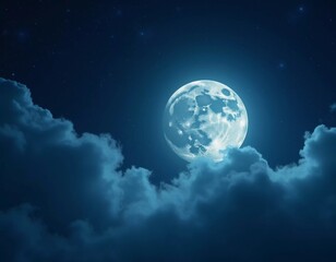 Fototapeta premium A luminous moon hangs in a dark sky, surrounded by soft clouds that create a dreamy ambiance. The scene invites quiet moments of reflection and wonder under the stars. Generative AI