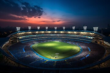 Night stadium, illuminated field, spectators, sunset sky.