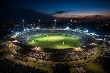 Night cricket match at a full stadium.