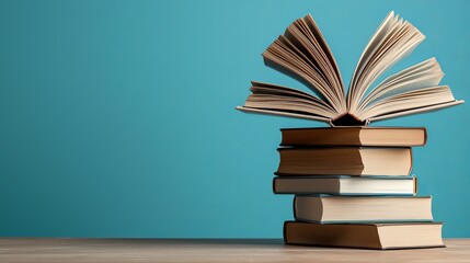 An open book displaying its pages on top of a stack of closed books against a turquoise background.