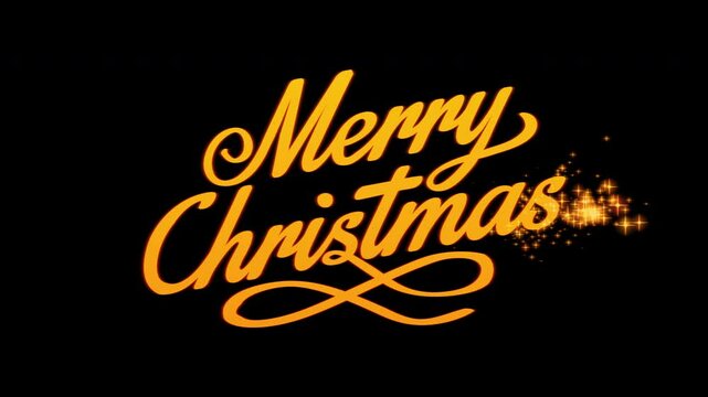 Animated drawing of golden "Merry Christmas" text. Isolated on a black background. Alpha channel.