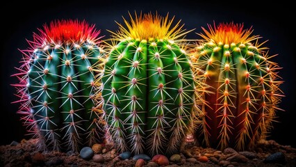 Fototapeta premium Striking panoramic of a red, green, and yellow cactus, stark against a black desert backdrop.