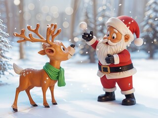 A cheerful Santa Claus with a friendly cartoon reindeer wearing a green scarf, playing together in a magical snowy forest, surrounded by soft falling snowflakes and festive joy.
