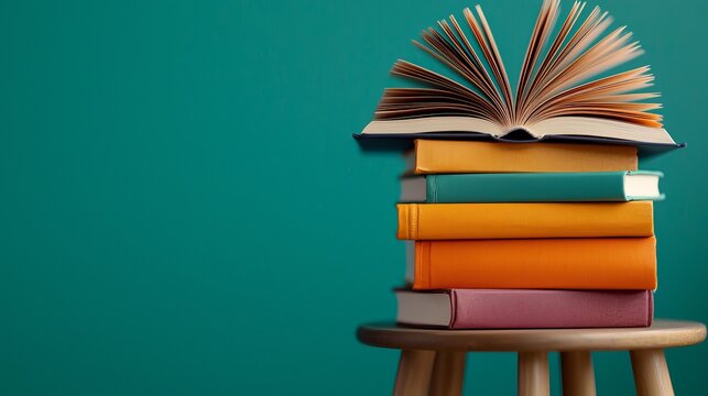 A stack of colorful books with an open book on top, seated on a wooden stool against a teal background.