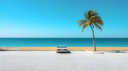 White Car Parks Facing Serene Ocean Background with Palm Tree